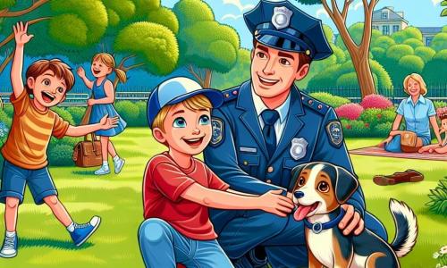 Een politieagent, een man van rond de dertig, met een glimlach en zelfvertrouwen, draagt een blauwe uniform met een pet. Hij heeft bruin haar en vriendelijke ogen. Hij zit op zijn hurken en houdt een blije hond in zijn armen, met een opluchting op zijn gezicht. Naast hem staat een tienjarige jongen, Tim, met blond haar en stralende ogen, in een rood t-shirt en een korte broek. Hij aait zijn hond met een grote glimlach, blij dat hij zijn maatje heeft teruggevonden. De scène speelt zich af in een groen park met loofbomen, kleurrijke bloemen en een grindpad. In de verte spelen kinderen en zijn gezinnen aan het picknicken op het gras. De hoofdscène toont de politieagent en Tim die de hereniging van Bobby, de hond, vieren, omringd door gelach en blijdschap, wat de geest van kameraadschap en samenwerking in de gemeenschap illustreert.