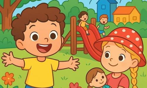 Um menino de 4 anos, Tomás, com cabelo castanho e cacheado, um grande sorriso encantado, está no centro da imagem, de braços abertos, pronto para explorar. Ele usa uma camiseta amarela brilhante e um short azul, com os olhos brilhando de excitação. Ao lado dele, uma menina de 4 anos, Ana, com um chapéu vermelho de bolinhas e cabelo loiro trançado, sorri alegremente segurando uma boneca nos braços. Ela está um pouco ao fundo, olhando para Tomás com admiração. O local é um parque colorido em Azulville, com árvores verdes exuberantes, flores multicoloridas e brinquedos de madeira. Ao fundo, há casas em tons vibrantes, azul, verde e amarelo, que adicionam um toque mágico à cena. A situação principal mostra Tomás e Ana brincando juntos em um grande escorregador, cercados por outras crianças se divertindo. A atmosfera é alegre e cheia de risos, com balões flutuando no céu azul, criando um ambiente festivo e amigável.