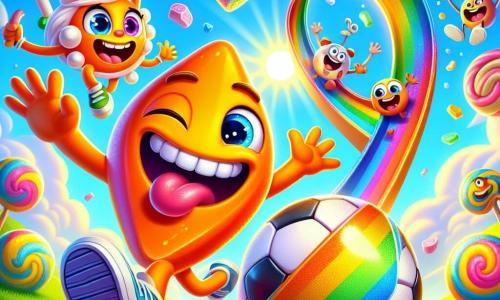 Benny the Boomerang, an orange boomerang with a mischievous smile, is joyfully sliding down a rainbow slide, arms outstretched and eyes sparkling with excitement. Next to him, Ella, an old soccer ball with colorful patterns, rolls with a big smile, its seams shimmering in the sun. Skip, a jump rope with bulging eyes, jumps while laughing, its smooth and energetic movements adding to the cheerful atmosphere. In the background, a bright blue sky is dotted with marshmallow-shaped clouds, while a crowd of silly creatures claps and laughs, creating a festive ambiance. The scene takes place in a magical park filled with vibrant colors, where candy trees and dancing flowers add a whimsical touch. The main focus shows Benny and his friends launching down the slide together, ready to dive into a world of laughter and absurd adventures.