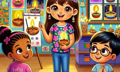 Ilustración que representa a una niña de 11 años, con largos cabellos castaños y ojos brillantes de curiosidad. Lleva una camiseta colorida con motivos florales y un pantalón de mezclilla. Está de pie, sonriendo, presentando dibujos de lámparas de aceite y fuegos artificiales a sus compañeros de clase. A su lado, un niño de 12 años, con cabello negro y gafas, escucha atentamente, sonriendo y sosteniendo un pequeño cuaderno para tomar notas. Otra niña de 10 años, con cabello rizado y piel caramelo, observa los dibujos con admiración, con los ojos brillantes de asombro. El lugar principal es un aula luminosa, decorada con dibujos coloridos de diferentes culturas. Carteles de países de todo el mundo adornan las paredes, y las mesas están cubiertas de platos tradicionales y decoraciones festivas. La situación principal muestra a la niña compartiendo con pasión sus conocimientos sobre el festival de Diwali, rodeada de sus compañeros que la escuchan con interés y curiosidad. Otros elementos gráficos incluyen lámparas de aceite brillantes, fuegos artificiales dibujados en el fondo y platos coloridos de dulces indios dispuestos sobre una mesa, creando una atmósfera festiva y alegre.