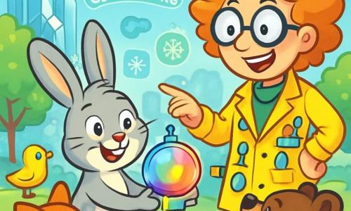 Ein kleiner Hase namens Felix mit großen Ohren und weichem grauem Fell steht im Mittelpunkt der Szene, seine Augen strahlen vor Aufregung und ein breites Lächeln ziert sein Gesicht. Er hält ein futuristisches Gadget in Form einer leuchtenden Kugel, die in lebhaften Farben funkelt. Neben ihm steht Madame Keks, eine Erfinderin mit zerzausten Haaren und runden Brillen, die einen bunten Laborkittel mit Gadgets trägt. Sie zeigt stolz das Gadget Felix. Im Hintergrund sieht man die Stadt Glitzerburg mit funkelnden Kristallgebäuden, fliegenden Autos, die am blauen Himmel gleiten, und Bäumen mit leuchtenden Blättern. Hologramme schweben umher und verleihen der Umgebung einen Hauch von Magie. Die Szene fängt den Moment ein, in dem Felix und Madame Keks den „Nature-Connector“ einer Gruppe neugieriger Tiere präsentieren, die um sie versammelt sind, bereit, diese neue Erfindung zu entdecken, die ihnen helfen wird, die Natur zu erkunden und zu spielen.