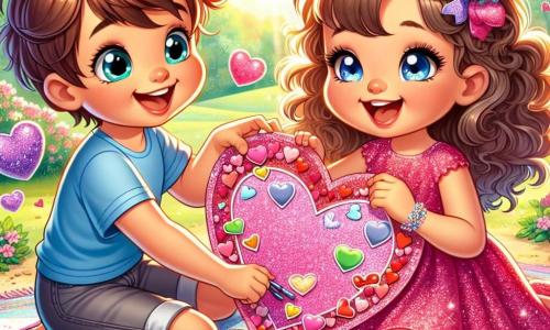 A 6-year-old girl named Lily, with beautiful curly hair and sparkling eyes, is creating a large heart-shaped card. She wears a glittery pink dress that shines in the sun, and her smile radiates excitement. Next to her is Max, a 6-year-old boy with messy brown hair and a blue t-shirt, helping her decorate the card with heart-shaped stickers and colorful candies. They are sitting on a colorful patterned blanket in a sunny park, surrounded by blooming trees and floating heart-shaped balloons. The scene exudes happiness and friendship as they laugh together while adding final touches to their creation.