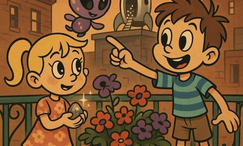 Drie personages: Lotte, 7 jaar, blonde twee staartjes, roze bloemjurk, nieuwsgierige ronde ogen, houdt een klein glinsterend zilverkleurig steentje, links op het balkon; Sem, 8 jaar, warrig kastanjebruin haar, blauw gestreept T‑shirt en kaki short, brede glimlach, rechts op het balkon wijst naar het dak; Zilpo, buitenaards wezentje, klein en rond paars met gele vlekken, twee dunne antennes en glinsterende amandelvormige ogen, zweeft licht tussen Lotte en Sem boven de bloempotjes. Locatie: een kleurrijk stadsbalkon bij schemering met groene ijzeren leuning, ronde bloempotten vol petunia’s en geraniums, donkere aarde zichtbaar, bakstenen gebouwen en een plat dak op de achtergrond, oranje lucht met de eerste sterren. Situatie: de kinderen helpen het buitenaardse wezentje zijn kleine zilveren raket terug te krijgen die op het dak staat; Lotte toont het glinsterende steentje, Sem wijst naar de raket en Zilpo kijkt naar de open raketluik waar kleine lichtbolletjes uitrollen; vrolijke sfeer, warme kleuren, afgeronde vormen, zachte schaduwen, gladde retro‑cartoontextuur.