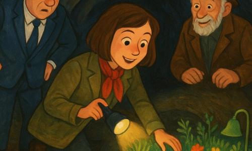 Maria Rossi, detective sorridente ma concentrata, capelli castani a caschetto, giacca kaki e foulard rosso, inginocchiata al bordo di un’apertura di tunnel con una torcia che illumina dolcemente un giardino sotterraneo; il sindaco (circa 50 anni), sorpreso e imbarazzato, abito leggermente stropicciato, in piedi a sinistra con le mani sui fianchi; un uomo anziano (circa 70 anni), enigmatico abitante del bosco, volto rugoso ma malizioso, cappotto marrone, dietro Maria a destra con un sorriso complice; luogo: grotta umida con terra scura, al centro un piccolo giardino lussureggiante con aiuole fiorite, erbe alte, una panchina di legno e una campanella da giardino; atmosfera: scoperta magica, misteriosa e gioiosa, colori vivaci e texture tipo gouache, contrasto tra la luce calda della torcia e i toni freddi delle piante.