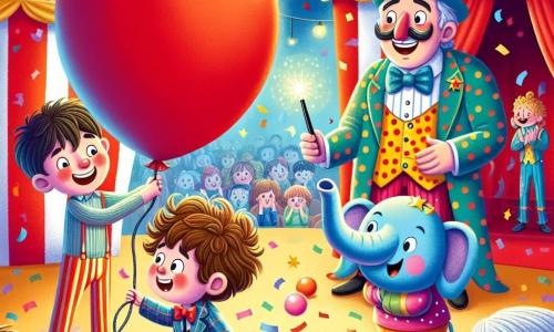 In un grande circo colorato, un ragazzo di 8 anni di nome Luca, con i capelli castani disordinati e un sorriso splendente, si trova al centro del palco, tenendo un grande pallone rosso. Alla sua destra, il mago Mistero, un uomo di circa 40 anni, indossa un costume a pois multicolori e un alto cappello a cilindro, con un'espressione maliziosa sul volto. A sinistra, un piccolo elefante blu, felice e birichino, fa un piccolo giro su una palla colorata, sollevando la proboscide in segno di saluto. Il circo è pieno di luci scintillanti, tende a strisce rosse e bianche e un pubblico meravigliato seduto su sedie colorate. I coriandoli fluttuano nell'aria, aggiungendo all'atmosfera festosa. La scena mostra Luca che soffia nel pallone, con uno sguardo incantato, mentre Mistero lo incoraggia con un gesto magico della sua bacchetta, e l'elefante che si diverte a giocolare con palline colorate, portando gioia e risate a tutti i bambini presenti.