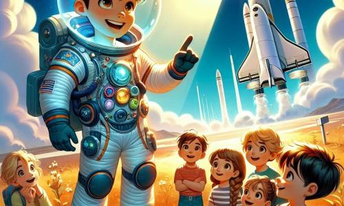 Un astronauta, Marco, è in piedi su una grande pietra, con un sorriso radioso. Indossa una tuta spaziale bianca decorata con colori vivaci e un casco trasparente. Accanto a lui, un gruppo di quattro bambini, due ragazzi e due ragazze, di circa 8-10 anni, lo ascoltano con meraviglia. Luca, un ragazzo con i capelli castani, alza la mano per fare una domanda, mentre Sara, una ragazza con due trecce bionde, guarda Marco con occhi spalancati. La scena è ambientata su una pista d'atterraggio soleggiata, circondata da nuvole bianche e un cielo blu. Sullo sfondo, il 