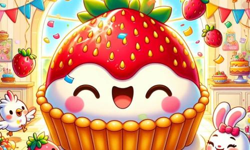 La Tarta de Fresa, una gran y deliciosa tarta de fresas, está en el centro de la escena, con una crema suave y fresas brillantes en la parte superior, mostrando una gran sonrisa alegre, rodeada de decoraciones coloridas. A su derecha, Pico, un pequeño pájaro de plumas multicolores, vuela en círculo con ojos chispeantes de emoción, lanzando confetis al aire. A su izquierda, Salta, un adorable conejito de grandes orejas y pelaje blanco, salta alegremente, sosteniendo una zanahoria con sus patas, con una sonrisa encantada en su rostro. La escena se desarrolla en una cocina soleada, llena de globos coloridos y serpentinas, con una gran mesa decorada de dulces y pasteles, bañada en una luz dorada que ilumina la atmósfera festiva. La situación principal muestra a la Tarta de Fresa celebrando su cumpleaños rodeada de sus amigos, cantando y bailando, mientras risas y alegría resuenan en el aire, creando un ambiente mágico y cálido.