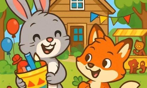 Max, ein kleiner Hase mit großen Ohren und weichem, grauem Fell, steht lächelnd im Mittelpunkt des Bildes und hält einen bunten Schulranzen voller Schulmaterialien. Neben ihm schaut Freddy, ein junger, leuchtend roter Fuchs mit funkelnden Augen, begeistert auf den Hasen und hält ein kleines Karotten-Spielzeug in seinen Pfoten. Die Szenerie ist eine rustikale Holzschule, umgeben von grünen Bäumen und bunten Blumen, mit schwebenden Ballons und festlichen Girlanden an den Fenstern. Im Hintergrund haben andere Tiere, wie Bären und Eichhörnchen, Spaß an einem Spielstand. Max und Freddy lachen zusammen und sind bereit, an einem großen Spiel teilzunehmen, umgeben von einer festlichen und fröhlichen Atmosphäre, die den Beginn eines neuen schulischen Abenteuers symbolisiert.