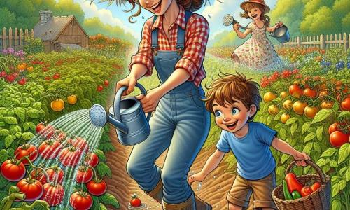 A smiling and lively farmer, Ms. Daisy, wears a straw hat and a checkered shirt. With her brown hair in a bun and muddy rubber boots, she gently waters rows of red tomatoes, her eyes sparkling with joy. Next to her, an 8-year-old boy named Sam, with messy blonde hair and a blue t-shirt, holds a small watering can and splashes a bit of water on the plants, laughing with happiness. Another child, Lily, a 7-year-old girl with brown pigtails and a flower dress, watches in wonder at the bright colors of the vegetables. She holds an empty basket, ready to fill it with fresh produce. The scene takes place in a sunny field, where rows of colorful vegetables stretch as far as the eye can see under a clear blue sky dotted with white clouds. Wildflowers dance in the wind, adding splashes of color to the landscape. The main situation shows Ms. Daisy and the children watering the tomato plants, laughing and having fun together, creating a joyful and warm atmosphere, full of life and harmony with nature.