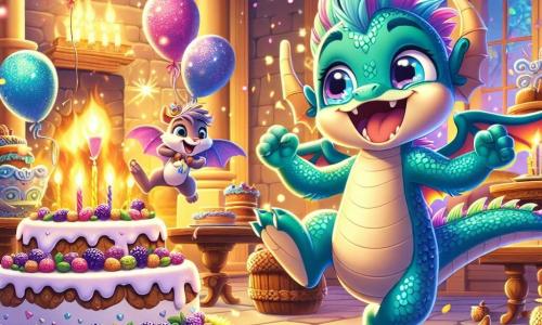 Pip, a small dragon with shiny blue and green scales, jumps for joy with a big amazed smile, his delicate wings fluttering with excitement. He is at the center of a birthday party, surrounded by sparkling decorations and acorn-shaped balloons floating around him. To his right, Zumble, a magical creature with pink and purple feathers, twirls in the air, his large golden eyes sparkling with happiness as he spreads light sparks. To the left, a squirrel in an elegant vest holds a small invitation, his cheeks full of delight as he gazes at the giant cake, his mouth open in a delighted smile. The setting is a polished stone house decorated with golden garlands and glowing moss lanterns that shine like stars, with a wooden table adorned with a huge berry cream cake, surrounded by colorful confetti. The main scene shows Pip and his friends in full celebration, laughing and dancing joyfully, while sparkling bubbles float around them, creating a magical and festive atmosphere.
