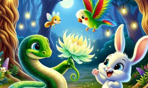 A little snake named Sammy, with shimmering emerald green scales, expresses great joy and curiosity as he approaches a beautiful magical flower glowing under the full moonlight. Next to him, a young rabbit named Leo, with large ears and white fur, jumps with joy, his eyes sparkling with excitement. A little higher in the air, a colorful parakeet named Rosie, with bright red, blue, and yellow feathers, flies in circles, encouraging her friends with a beaming smile. The scene takes place in an enchanted clearing, surrounded by tall, gnarled trees, where fireflies dance like shooting stars, illuminating the landscape with a soft golden light. In the center of this clearing, Sammy, Leo, and Rosie discover the magical flower, its shimmering and delicate petals swaying gently in the night breeze, as they share a moment of pure wonder and friendship.