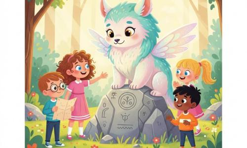 Six-year-old Lily, radiant and wide-eyed with curly brown hair and bright blue eyes, reaches toward a magical guardian creature; beside her, six-year-old Max, with short chestnut hair and round glasses, holds an ancient map, six-year-old Emma, blonde in pigtails, claps slightly behind Lily to the right, and seven-year-old Sam, confident with black hair, stands slightly right in front of the stone to protect his friends; the guardian is large with pearlescent turquoise iridescent fur, soft amber eyes, rounded paws and small folded sparkling wings, standing benevolently in a sunlit clearing carpeted with colorful flowers and saturated green grass around a large gray rock carved with ancient symbols, sunbeams filtering through the trees, capturing the moment the children, amazed, surround the stone as Lily reaches out and the creature responds with warm light in a simple, readable, magical scene with vivid flat colors and soft outlines.
