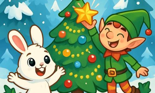 A small white rabbit named Benny, with big bright eyes and a joyful smile, stands in front of a beautiful decorated Christmas tree, his paws raised in the air, amazed by the beauty of the sparkling ornaments. Next to him, a mischievous elf named Elwin, wearing a red and green pointed hat, rosy cheeks, and a cheeky look, laughs while holding a shiny star he just placed on top of the tree. The setting is an enchanted clearing in the Whispering Woods, surrounded by tall snow-covered firs, with snowflakes gently falling from the light blue sky. The main scene shows Benny and Elwin, surrounded by garlands of holly and sparkling berries, celebrating the magic of Christmas together, their laughter echoing in the fresh festive air.