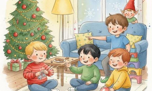 Five characters: four boys—Max (5), blond with a red striped sweater, sitting left touching his pocket with a small shiny bell; Leo (6), tousled brown hair, blue t‑shirt, behind a block tower on the right, smiling and pointing; Sam (5), black hair, green sweater, center with scattered crayons reaching for the bell; Ben (5), brown hair, yellow sweatshirt, crouched by a red ball, laughing; and a mischievous male elf, small with a red pointed hat, shiny green shoes and freckled face, leaning behind the couch in the background slipping a small silver bell into Max’s pocket. Interior cozy Christmas living room: cream rug, blue sofa, decorated tree left with red baubles and gold garlands, snowy window, warm yellow lamp light, cookie crumbs on a small table. Main scene: a playful elf slips a shiny bell into a boy’s pocket while the other children laugh and point; the bell is shown in motion with motion lines and watercolor splashes to convey joy and a light “jingle”.