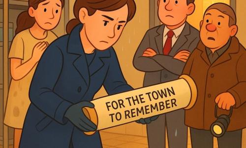A calm, focused female detective of about 35 with an oval face and short brown hair, wearing a navy coat and rubber boots, leans over a wet cardboard tube she holds delicately with a thin glove, brows furrowed and determined; Mina, a museum employee in her 30s with long hair tied back and a simple beige water-stained dress, stands behind the detective to the left, ashamed and anxious with hands clutched to her chest; the mayor, about 50, in a gray suit and slightly crooked tie, face flushed and arms crossed nervously, stands to the right near the room entrance; the stocky 60-year-old guard in a brown raincoat with a pocket lamp on his wrist watches the scene in surprise from near a locker; the small museum storage room has shiny rain-splattered tiled floor, metal shelves, scattered bucket and brooms, an open door to an exhibition room with an empty display case in the background, warm contrasting lighting, scattered drops and a small blue sequin on the floor, and the group is centered around the detective who has found a tube labeled FOR THE TOWN TO REMEMBER behind a bucket, creating a palpable but child-friendly colorful tension with expressive faces.
