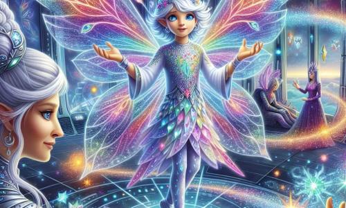 Zephyr, a fantastical being with luminescent, multicolored wings, floats in the air, looking determined and amazed as they manipulate shards of magic and technology around them. Their gentle face has star-like bright eyes, and they wear a shimmering tunic reflecting the colors of the universe. Nearby, a majestic witch with silver hair and wise eyes observes with a benevolent smile. Dressed in a flowing robe adorned with celestial patterns, she raises her hands to create waves of magical energy that illuminate the scene. The setting is a vast area of the Solara station, filled with futuristic machines and sparkling crystals, featuring shiny metal walls and windows overlooking a starry sky. Colorful nebulae dance outside, adding a touch of magic to the environment. The main situation shows Zephyr merging shards of light and shining gears to create a new invention that could save their world, while the witch guides them wisely towards a bright future.