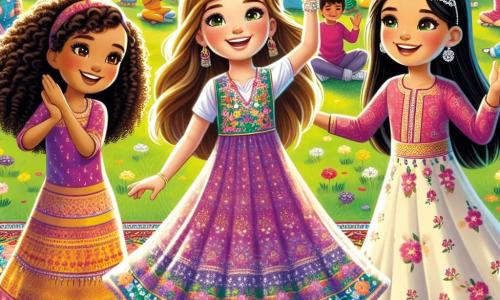 Tres chicas están reunidas en un parque soleado. Sofía, una niña de 10 años con cabello rizado y piel clara, lleva un vestido colorido y sonríe alegremente, sosteniendo una pelota. A su derecha, Clara, una niña de 9 años con una diadema brillante y cabello liso, tiene piel oliva y usa una camiseta con estampados, aplaudiendo con entusiasmo. A la izquierda, Amira, una niña de 11 años con cabello largo y liso, tiene piel marrón y lleva un vestido tradicional colorido, bailando con gracia, con los brazos levantados hacia el cielo. El parque está lleno de flores coloridas, árboles verdes y risas de niños. Al fondo, niños de diferentes orígenes se reúnen alrededor de un gran mantel con platos típicos de varios países, creando una atmósfera de fiesta y convivencia. La escena muestra a las tres amigas celebrando la diversidad a través de la danza y el juego, rodeadas de otros niños que se divierten y descubren las culturas de los demás, simbolizando la unidad y la amistad en la diferencia.