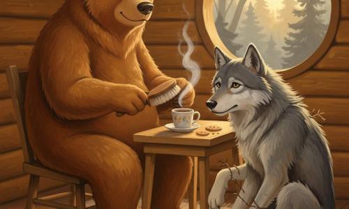 Een warme bruine beer zit op een houten stoel en borstelt zacht de doorns uit de vacht van een opgeluchte, grote grijze wolf; op de lichte houten tafel staat een dampende theekop met een schoteltje met kruimels; de scène speelt zich af in een knus houten huisje met rood dak en rond raam, gouden zonsonderganglicht en een geruststellende, tedere sfeer.