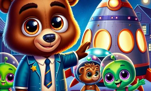 Un giovane orso di nome Bruno, con un pelliccia marrone lucente e occhi scintillanti di eccitazione, si trova al centro dell'immagine, sorridendo mentre scopre un'astronave colorata. Al suo fianco, un extraterrestre verde con tre braccia e grandi occhi rotondi guarda Bruno con un sorriso amichevole, invitandolo a entrare nell'astronave. Un altro extraterrestre, più piccolo e blu, si avvicina con una piccola scatola luminosa, mostrando un'espressione di orgoglio ed entusiasmo. La scena si svolge in un laboratorio di astronomia ai margini di un bosco incantato, con stelle scintillanti nel cielo notturno e alberi dalle foglie luminescenti che circondano l'edificio. Bruno, meravigliato, è pronto a salire a bordo dell'astronave per un'avventura intergalattica, mentre gli extraterrestri lo incoraggiano con gesti gioiosi, creando un'atmosfera di amicizia e eccitazione.