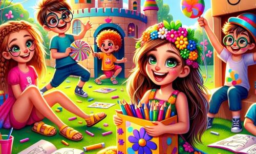 O fată de 8 ani, Ana, cu părul lung și brunet și ochii strălucitori de năzdrăvănie, zâmbește larg ținând o cutie mare cu bomboane colorate. Poartă o rochie cu flori vii și sandale galbene. Lângă ea, Mihai, un băiat de 8 ani cu ochelari rotunzi și părul zburlit, ajustează un ventilator pe un castel din carton. Maria, o fată de 7 ani cu împletituri și un tricou albastru, desenează planuri pe un carnet, așezată pe iarba verde. Andrei, un băiat de 8 ani cu o pălărie de clovn și un zâmbet mare, face grimase, atrăgând atenția prietenilor săi. Scena se desfășoară într-o curte însorită, plină de cutii de carton colorate, vopsele strălucitoare și baloane plutitoare. În fundal, un mare castel din carton, decorat cu bomboane din hârtie, se înalță cu mândrie. Copiii râd și se distrează, înconjurați de o atmosferă veselă și creativă, în timp ce lucrează împreună pentru a construi opera lor amuzantă.