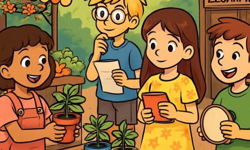 Są cztery dzieci: Lena, 10-letnia dziewczynka z długimi brązowymi włosami i błyszczącymi oczami, w żółtej sukience w kwiaty, trzymająca mały notes; Olek, 11-letni chłopiec z rozczochranymi blond włosami i okrągłymi okularami, w niebieskiej koszulce i dżinsowych szortach, trzymający kawałek papieru z zamyślonym wyrazem twarzy; Zosia, 9-letnia dziewczynka z krótkimi, kręconymi włosami w różowym ogrodniczkach, uśmiechnięta i trzymająca małą roślinkę w doniczce; Maks, 10-letni chłopiec z kasztanowymi włosami i szerokim uśmiechem, w zielonej koszulce i trampkach, trzymający mały tamburyn. Akcja rozgrywa się na kolorowym rynku z drewnianymi straganami pełnymi świeżych owoców i warzyw, udekorowanymi girlandami kwiatów, w ciepłej atmosferze. Dzieci zbierają się wokół małego stoiska, gdzie sadzą nasiona bazylii w kolorowych doniczkach, dzieląc się uśmiechami i ciepłymi słowami, wspominając radosne chwile z przyjacielem.