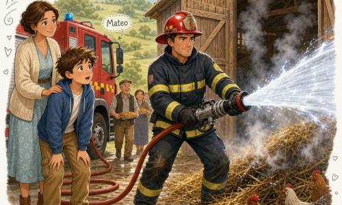 Un bombero de unos treinta años, rostro cuadrado, casco rojo brillante, mirada concentrada y boca decidida, sostiene una gran manguera que rocía agua sobre paja aún humeante; un niño de 9 años, Mateo, pelo castaño despeinado y ojos curiosos, está junto al camión con las manos en las rodillas, asombrado y algo inquieto; la señorita Clara, treintañera con vestido sencillo y chal claro, se mantiene un poco atrás con la mano en el hombro de Mateo, sonriente y atenta; lugar: gran granero de madera detrás de una colina, puertas semiabiertas, paja dorada y humo gris elevándose, camión de bomberos rojo en un camino de tierra embarrado; situación: extinción de un pequeño incendio de granero por la mañana, chorros de agua brillantes formando arcos y humo que se atenúa, manguera enrollada brillante en el camión, ambiente a la vez tenso y tranquilizador.