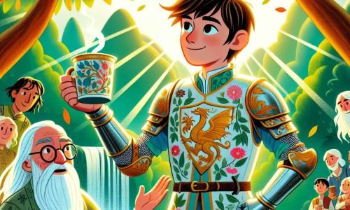 Un joven caballero, Sir Alaric, de unos 15 años, se encuentra orgullosamente en el centro de la imagen. Lleva una brillante armadura decorada con motivos de flores y dragones, y su rostro expresa determinación y esperanza, con ojos brillantes y una sonrisa confiada. A su lado, un anciano sabio, con barba blanca y gafas redondas, observa con benevolencia, sosteniendo una taza de té humeante. Viste una túnica simple con motivos de hojas y se mantiene ligeramente apartado, listo para ofrecer sus consejos. El escenario es un claro verde rodeado de majestuosos árboles de hojas doradas, con una cascada centelleante al fondo. Rayos de sol atraviesan las ramas, iluminando la escena con una luz suave y cálida. La situación principal muestra a Sir Alaric levantando un antiguo blasón, símbolo de paz, frente a un grupo de aldeanos a ambos lados, que se miran con curiosidad y esperanza. La atmósfera está cargada de emoción, con rostros sonrientes y gestos de acercamiento, simbolizando la reconciliación entre las dos aldeas.