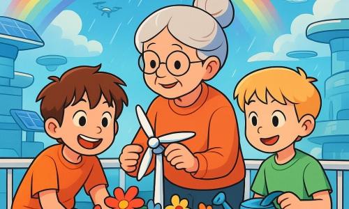 Un niño de 10 años, Leo, con cabello castaño desordenado y ojos llenos de curiosidad, está agachado frente a una jardinera llena de flores coloridas, con una gran sonrisa iluminando su rostro. A su lado, la anciana Mila, de unos 70 años, con cabello gris recogido y gafas redondas, ajusta un pequeño generador eólico, sonriendo cálidamente a Leo. Otro niño, Pau, de 8 años, con cabello rubio y una camiseta verde, sostiene un pequeño regador, observando las flores con asombro. La escena tiene lugar en un balcón común de una ciudad futurista flotante, rodeada de nubes esponjosas y plataformas brillantes, con paneles solares centelleantes y drones volando a lo lejos. Leo y sus amigos celebran la floración de sus flores, maravillados por los colores vivos que contrastan con el cielo azul, mientras una ligera lluvia comienza a caer, creando un arcoíris sobre ellos.