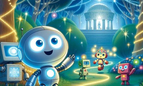 Un pequeño robot llamado Zippy, con un brillante cuerpo plateado y grandes ojos curiosos, se encuentra en el centro de un jardín futurista, deslumbrado por la belleza que lo rodea. Sonríe con asombro, con los brazos levantados en señal de alegría, mientras una luz suave ilumina su rostro. A su lado, Robo, un robot más grande con brazos articulados y una cabeza en forma de cubo, toma fotos con una cámara integrada, mostrando una expresión de emoción. Chispa, un pequeño robot de colores vivos y ojos chispeantes, baila a su alrededor, riendo de felicidad. El jardín es un lugar encantador, lleno de árboles luminosos con hojas brillantes y flores multicolores que resplandecen como estrellas. Caminos sinuosos de luz cruzan el jardín, conduciendo a un antiguo templo cubierto de símbolos misteriosos, emitiendo un resplandor suave y tranquilizador. La situación principal muestra a Zippy y sus amigos descubriendo este jardín secreto, maravillados por la magia de su entorno, listos para compartir su increíble descubrimiento con el mundo.