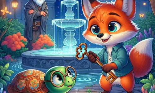 A small orange fox named Felix, with shiny fur and sparkling curious eyes, stands in front of a magical fountain in a secret garden. He smiles in wonder, holding a rusty key in his paw. Beside him is a wise old turtle named Tully, with a shell adorned with colorful patterns and round glasses, looking at Felix with a kind smile and excited eyes. The garden is filled with vibrant flowers and shimmering fireflies in the air, while a soft blue light emanates from the ancient fountain, surrounded by mossy stones. In this scene, Felix inserts the key into the fountain, ready to uncover the mystery hidden within, as Tully encourages him with an anticipatory look.