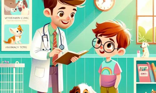 Un veterinario uomo, il dottor Lorenzo Benedetti, è al centro dell'immagine. Ha capelli castani leggermente arruffati, occhi dolci e un sorriso caloroso. Indossa un camice bianco e tiene uno stetoscopio, guardando con benevolenza un piccolo cane dagli occhi brillanti davanti a lui. Accanto a lui, un ragazzo di 10 anni di nome Marco, con capelli castani e occhiali rotondi, osserva con fascinazione. Indossa una maglietta colorata e pantaloni corti, e tiene un piccolo libro sui cura degli animali, con gli occhi brillanti di ammirazione. Il contesto è una clinica veterinaria luminosa e accogliente, con pareti dipinte di verde pastello, manifesti educativi sugli animali appesi e giocattoli per animali sparsi sul pavimento. Una finestra lascia entrare la luce del sole, illuminando la stanza. La situazione principale mostra Lorenzo che spiega a Marco come prendersi cura degli animali, mentre il piccolo cane agita la coda, creando un'atmosfera gioiosa e calorosa, piena d'amore per gli animali.