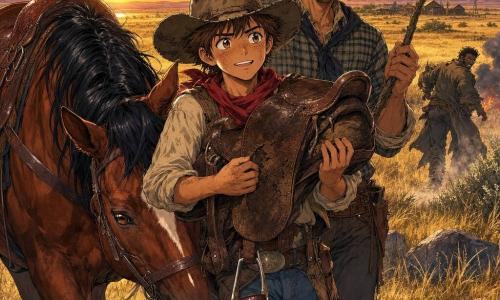 Een jongen (~16) met rond, zongevlekt gezicht en kort bruin haar onder een versleten cowboyhoed, vastberaden maar opgelucht, houdt een oude gebarsten lederen zadel tegen zijn borst terwijl hij van zijn paard afstapt. Een volwassen man (Cowboy Slim, ~35), lang en slank met beginnende baard en guitige glimlach, in geruit overhemd houdt een gloeiende tak en staat beschermend achter de jongen. Een alezane merrie/ruin genaamd Blaze, gespierd met zwarte manen, staat links van de jongen gezadeld en legt haar hoofd tegen zijn been. Twee stroperachtige mannen (30–40) op de achtergrond, ruwe silhouetten, wijken terug tussen rokende struiken. Locatie: uitgestrekte gouden prairie bij zonsondergang met wuivend hoog gras, enkele rotsen, een klein kamp met rook en smeulende kolen rechts en een houten ranch in de verte. Hoofdscene: gespannen maar opgeloste sfeer — de jongen heeft het familiezadel terug; warme, kleurrijke oranje-paarse lucht, opwaaiend stof door hoefgetrappel, duidelijke emoties. Stijl: zachte manga-lijnen, verzadigde kleuren, zichtbare texturen van leer, stof en manen, gecentreerde compositie in middellang shot.