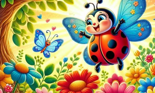 Una coccinella gioiosa di nome Giggly, con un corpo rosso vivo punteggiato di piccoli punti neri, danza entusiasta tra fiori colorati, i suoi occhi brillano di felicità. Accanto a lei, una farfalla blu di nome Luce, con ali delicate e brillanti, vola graziosamente sorridendo, pronta ad aiutare l'amica. Sullo sfondo, un grande albero saggio con foglie verdi lussureggianti e un tronco nodoso si erge maestoso, mentre fiori dai colori vivaci sbocciano intorno a loro. La scena si svolge in un giardino incantato, illuminato da una luce dorata, dove la magia aleggia nell'aria. Giggly e Luce si preparano a partire per un'avventura alla ricerca del Fiore della Gioia, simbolo di speranza e felicità, in un ambiente vibrante e pieno di vita.