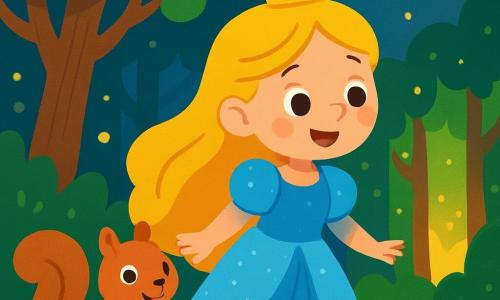 Una principessa dai lunghi capelli dorati, vestita con un abito blu scintillante, si trova ai margini di una foresta incantata, con gli occhi spalancati per meraviglia. Sorride curiosa, con le guance rosa illuminate dalla luce della luna. Accanto a lei, un piccolo scoiattolo dagli occhi vivaci, curioso e birichino, la osserva mentre sgranocchia una nocciola. Sullo sfondo, la foresta è piena di alberi maestosi con foglie verdi brillanti, illuminati da lucciole danzanti che creano un'atmosfera magica. La principessa si prepara ad avvicinarsi a una luce misteriosa che brilla tra i tronchi degli alberi, piena di eccitazione e anticipazione per l'avventura che l'attende.