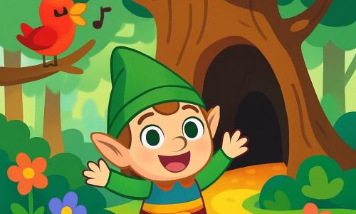 Ein kleiner Kobold namens Lenny, mit großen leuchtenden Augen und einem fröhlichen Lächeln, trägt einen spitzen grünen Hut und eine bunte Tunika. Er steht vor einem riesigen alten Baum, mit erhobenen Armen vor Aufregung, bereit, das Geheimnis des Zauberers zu entdecken. Neben ihm sitzt ein roter Vogel mit leuchtenden Federn, der fröhlich auf einem Ast singt und der Szene einen Hauch von Magie verleiht. Der Ort ist ein verzauberter Wald, gefüllt mit großen, knorrigen Bäumen, bunten Blumen, die sanft im Wind tanzen, und einem goldenen Weg aus funkelnden Blättern. Das Sonnenlicht filtert durch das Laub und erzeugt tanzende Schatten auf dem Boden. Die Hauptsituation zeigt Lenny, der den Weg zur geheimnisvollen Höhle entdeckt, in der der Zauberer lebt, mit einem Ausdruck des Staunens auf seinem Gesicht, bereit, ein unglaubliches Abenteuer zu erleben.