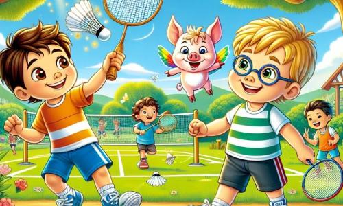 Em um parque ensolarado, um garoto de 10 anos chamado Lucas, com cabelos castanhos e olhos brilhantes, segura uma raquete de badminton com um grande sorriso no rosto. Ao seu lado, seu amigo Pedro, um garoto de cabelos loiros e óculos, o incentiva entusiasticamente, levantando os braços. Mais adiante, um travesso porquinho de 8 anos chamado Zippy, um pequeno porquinho rosa com asas coloridas, voa alegremente ao redor deles, acrescentando um toque mágico à cena. O parque está cheio de verde, com árvores majestosas e flores coloridas dançando ao vento. Ao fundo, outras crianças jogam badminton, criando uma atmosfera alegre e animada. A cena principal mostra Lucas e Pedro treinando juntos, trocando golpes de raquete com uma peteca que voa pelo ar, enquanto Zippy os incentiva com piruetas e risadas, ilustrando o espírito de equipe e camaradagem.