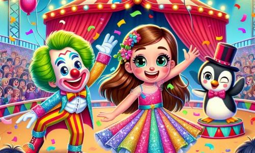 Una ragazza di 8 anni, Mia, con lunghi capelli castani e occhi scintillanti di gioia, indossa un abito colorato adornato di brillantini. Danza con un grande sorriso sul volto, circondata da coriandoli colorati che volano nell'aria. Accanto a lei, un clown di nome Pipo, di circa 30 anni, ha un naso rosso, capelli verdi arruffati e un costume a righe multicolori. Fa delle smorfie mentre gioca con palloni di diverse dimensioni, aggiungendo un tocco di magia alla scena. Un piccolo pinguino di nome Pingu, con piumaggio bianco e nero e un piccolo cappello da mago, si trova sul palco, mentre esegue trucchi di magia con cubi di ghiaccio, guardando Mia con aria complice. Lo scenario è quello di un grande circo, con un enorme tendone a righe rosse e bianche, luci scintillanti e spettatori meravigliati che applaudono e ridono. La scena principale mostra Mia, Pipo e Pingu in piena performance, danzando e divertendosi insieme, creando un'atmosfera gioiosa e festosa, dove l'amicizia e la magia del circo si incontrano.
