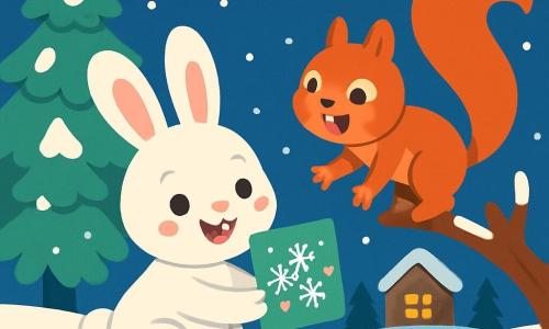 Un pequeño conejo blanco llamado Nube, con orejas suaves y ojos brillantes de alegría, está sentado sobre una alfombra de nieve brillante. Sostiene una tarjeta de Navidad decorada con copos de nieve y pequeños corazones, su rostro irradia emoción y ternura. A su lado, una pequeña ardilla roja llamada Lila, con una cola esponjosa y ojos chispeantes de sorpresa, mira la tarjeta con una gran sonrisa. Está posada en una rama de árbol, con las patas delanteras extendidas hacia Nube, llena de entusiasmo. El decorado es un paisaje invernal pacífico, con abetos cubiertos de nieve, estrellas brillantes en el cielo nocturno y una suave luz dorada que emana de una pequeña casa de madera a lo lejos. La escena muestra a Nube ofreciendo la tarjeta a Lila, rodeados de copos de nieve que caen suavemente, creando una atmósfera mágica y cálida de Navidad.