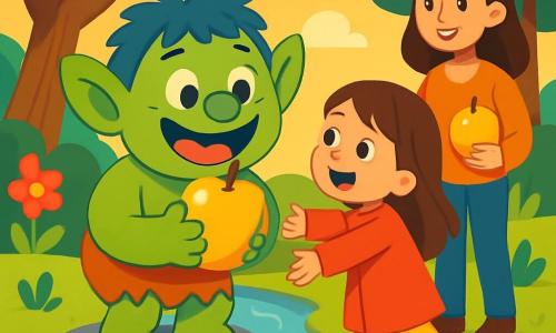 Un troll gioioso di nome Trombo, con la pelle verde brillante e orecchie rotonde, sorride mentre tiene in mano una grande mela dorata. I suoi occhi brillano di felicità e si trova su una pietra accanto a un ruscello. Accanto a lui, una bambina di 6 anni, Sofia, indossa un cappotto rosso vivo e ha lunghi capelli castani. Guarda Trombo con meraviglia, pronta ad abbracciarlo. Sua madre, una donna sorridente di circa 30 anni, è un po' indietro con un'espressione di orgoglio, tenendo un'altra mela dorata. Il luogo è un bosco incantato, con alberi maestosi e fiori colorati che danzano al vento. Un ruscello scintillante scorre dolcemente, riflettendo il cielo blu. La scena principale mostra Trombo, Sofia e sua madre che condividono un momento di gioia, celebrando la loro amicizia gustando le mele dorate sotto il sole del pomeriggio, circondati dalla magia del bosco.