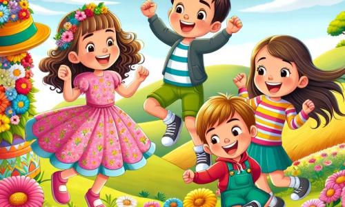 Em um campo florido, quatro amigos estão juntos, cercados por flores coloridas. Ana, com cabelos castanhos e cacheados, usa um vestido rosa com estampas de flores e sorri alegremente. À sua direita, Pedro, com cabelos loiros e curtos, veste uma camiseta azul e um short verde, rindo muito. À esquerda, Lúcia, com cabelos longos e lisos, usa uma saia amarela e uma blusa listrada, pulando de alegria. Por fim, João, com cabelos castanhos e bagunçados, dança com um grande sorriso, vestido com um moletom vermelho e calças pretas. O local é um campo ensolarado, cheio de flores multicoloridas que dançam ao vento, sob um céu azul com nuvens brancas. Ao fundo, vêem-se colinas verdes e uma árvore majestosa que oferece sombra. A cena principal mostra os quatro amigos celebrando seu festival de sorrisos, rindo e dançando juntos, enquanto uma luz mágica emana de um chapéu colorido sobre uma mesa decorada com guloseimas, criando uma atmosfera festiva e encantada.