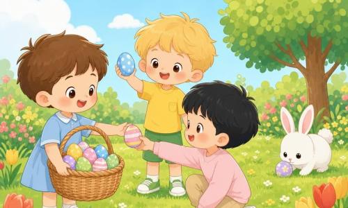 Four characters: a ~5-year-old brown-haired boy in a light blue dress and white sneakers at left holding a large wicker basket of colored eggs; a ~4-year-old blond boy in a yellow T-shirt and green shorts at center proudly showing a shiny blue egg in his right hand; a ~5-year-old black-haired boy in a pale pink sweater and beige pants at right crouching to hand a rolled egg back to the first boy; and a small fluffy white rabbit with pink inner ears behind them near a tree, sniffing and leaving a pastel egg on the grass. Setting: a bright spring garden with tender green lawn, clusters of red and yellow tulips, a small round-leaved tree at right and a pale blue sky with soft clouds. Main scene: three children collecting Easter eggs, one egg rolled and is being returned, joyful pastel colors, rounded shapes, simple silhouettes, soft morning light, warm cozy mood.