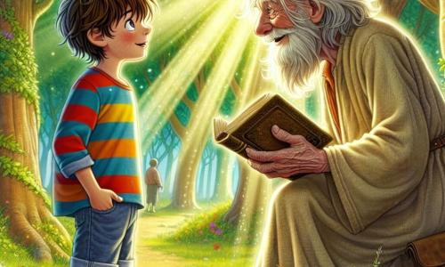 An 11-year-old boy named Oliver stands at the center of the scene, his eyes shining with curiosity and wonder. He has messy brown hair, a colorful striped shirt, and denim shorts. He watches with fascination an ancient sage, Elowen, who is sitting under a large oak tree. Elowen is an elderly man with a long white beard and sparkling wise eyes, dressed in a beige linen robe. He smiles gently at Oliver, holding an old book in his hands, as if about to share a precious secret. The setting is a sunny clearing surrounded by tall trees with vibrant green leaves, with rays of light filtering through the branches, creating a magical and peaceful atmosphere. Colorful wildflowers dot the ground, adding a touch of color to the scene. The main situation shows Oliver, amazed, listening attentively to Elowen, who speaks to him about the mysteries of life and the quest for truth, while a gentle breeze makes the leaves dance around them, enhancing the enchanted mood of this moment of discovery and wisdom.