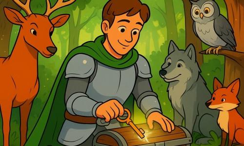 The main character is a thirty-year-old knight with a gentle face and short chestnut hair, wearing a simple green cloak and light shiny armor, serenely smiling as he inserts a small emerald-adorned key into an ancient wooden chest on a circular stone pedestal in a magical forest glade with mossy ground and carved stones; a majestic stag bows to his left, a wise old owl perches on a branch to the right, a friendly gray wolf sits protectively behind him and a sly red fox appears along the path in the background, while golden light filters through tall gnarled trees and a silver glow begins to envelop the chest as the animals watch admiringly; colorful style, clean outlines, warm exaggerated expressions, composition centered on the knight and chest.