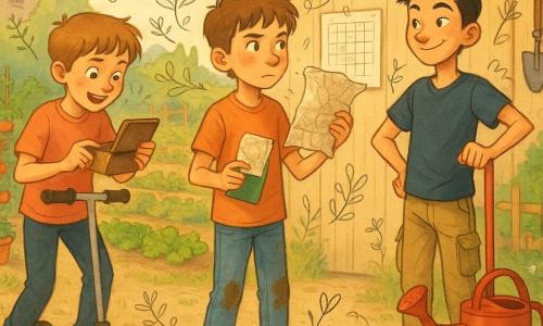 There are three children: Milo — about 11, short brown hair, dirt on his jean knees, standing center holding a crumpled map in one hand and a small green notebook in the other, focused on a paper calendar pinned to a light wooden shed; Jayden — about 11, tall for his age, slightly styled black hair, standing right with one hand on a red watering can and the other on his hip, mischievous smile; Noah — about 11, light brown hair, standing left with his scooter beside him holding an open rusty tin box, amazed at the notes inside. The setting is a sunny community garden between buildings with dirt paths, rows of tomatoes and lettuce, colorful pots, wildflowers, a small wooden fence, textured wood grain and varied green leaves with soft tree shadows. The scene shows the boys organizing an exploration relay: Milo points to the map and writes in the notebook, Jayden stands guard with the watering can like a flag, Noah displays the box of clues; warm late-afternoon light and small doodles of leaves, arrows and stars around them suggest creativity and adventure.