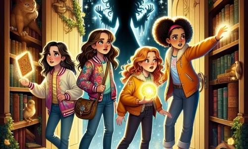 In the center of the image, four young heroines stand bravely at the threshold of a mysterious door. Mara, an 11-year-old girl with brown hair and sparkling eyes, wears a colorful jacket and holds a glowing orb in her hands. To her right, Lila, a shy girl with blonde hair and round glasses, watches in awe, her hands clasped around an ancient book. On the left, Tessa, a fearless girl with red hair and freckles, stands ready to move forward, a determined expression on her face. Finally, Anya, a lively girl with curly hair and boundless energy, points toward the ominous shadow looming behind the door. The setting is an ancient library, with stone walls covered in ivy, shelves filled with dusty books, and twinkling lights floating in the air. Shadows dance around them, creating a magical and mysterious atmosphere. The main situation shows the four friends ready to face the guardian of secrets, a dark figure emerging from the darkness, challenging them to prove their courage and unity.
