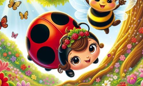 A little ladybug named Lila, with a bright red shell adorned with small shiny black spots, joyfully flies above a large oak tree, her face radiating determination and excitement. Next to her is a friendly buzzing: Benny, a bumblebee with yellow and black stripes and large curious eyes, encouraging her by fluttering around, ready to join her on her adventure. The setting is a lush garden filled with colorful flowers, fluttering butterflies, and soft sunlight filtering through the majestic oak leaves. The scene shows Lila taking flight, ready to overcome her fears, while the wind plays with her wings, creating an atmosphere of adventure and courage.
