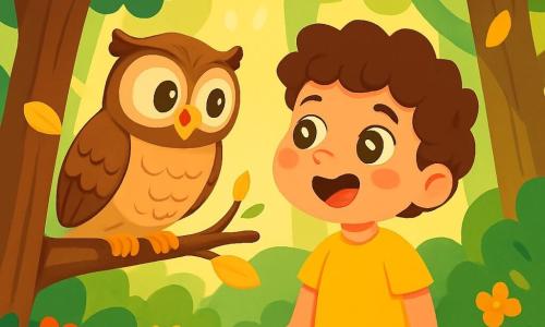 A 4-year-old boy named Jamie, with curly hair and bright star-like eyes, stands in the middle of an enchanted forest. He has a curious big smile on his face, his cheeks flushed with excitement. Jamie is wearing a bright yellow t-shirt and blue shorts, and he gazes in wonder at a wise owl perched on a branch. The owl, with soft brown feathers and big mischievous eyes, sits low on a branch, seemingly talking to Jamie and slightly leaning towards him as if sharing a secret. The scene takes place in a lush forest with tall majestic trees, their green leaves gently dancing in the wind. Sunlight filters through the foliage, creating golden light spots on the leaf-covered ground. In this main situation, Jamie listens attentively to the owl, who is explaining why leaves fall from trees. The atmosphere is magical and full of curiosity, with colorful flowers and small animals observing the scene with interest.
