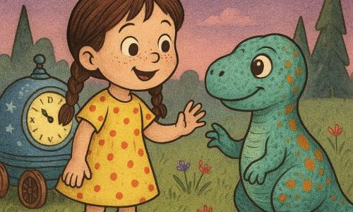 Czterolatka o okrągłej twarzy i piegach, brązowe włosy w dwóch warkoczach, uśmiechnięta i zachwycona, wyciąga rękę do małego przyjaznego dinozaura wielkości dużego psa, turkusowego ze pomarańczowymi plamami, podnoszącego łapę; ma na sobie żółtą sukienkę w czerwone kropki i błotniste zielone kalosze; za nią po lewej stoi okrągła metalowa maszyna czasu z dużą świecącą tarczą zegara, drewnianymi kołami, niebieskimi światełkami i malutkimi gwiazdkami; miejsce: trawiasta polana z czerwonymi i fioletowymi kwiatami, drzewa przypominające olbrzymie kredki i fioletowe zmierzchowe niebo z różowymi chmurami; scena: dziewczynka odkrywa dinozaura, sięga, by dotknąć jego łapy, maszyna delikatnie migocze, atmosfera łagodna i bezpieczna, żywe kolory i ostre kontury jak druk na papierze gazetowym.