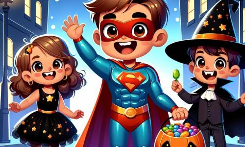Um menino de 8 anos, chamado Pedro, está no centro da imagem, vestido com um brilhante traje de super-herói, com uma capa vermelha esvoaçante e uma máscara azul. Seu rosto brilha com um sorriso largo e animado, e seus olhos brilham de entusiasmo enquanto segura um balde cheio de doces coloridos. À sua direita, Ana, uma menina de 7 anos, usa um vestido de bruxa preto com um chapéu pontudo decorado com estrelas douradas. Ela olha para Pedro com admiração, seus cabelos cacheados caindo sobre os ombros, segurando um pequeno saco de doces. À esquerda, João, um menino de 8 anos, dança alegremente, vestido de vampiro com dentes pontudos e uma capa preta. Seu rosto irradia felicidade, e ele levanta os braços, como se estivesse celebrando a colheita de doces. O cenário é uma rua movimentada durante o Halloween, com casas decoradas com abóboras assustadoras, teias de aranha e luzes cintilantes. O céu é de um azul profundo, salpicado de estrelas brilhantes e uma lua cheia radiante. A cena principal mostra Pedro, Ana e João, os três amigos, rindo e se divertindo juntos após coletar doces, cercados por uma atmosfera festiva e um pouco misteriosa, capturando o espírito alegre e aventureiro da noite de Halloween.
