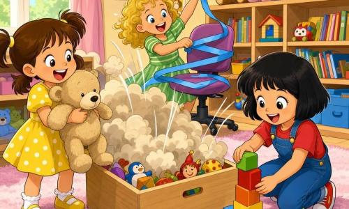 Há três meninas de 4 anos: Lia, cabelos castanhos em rabos, vestido amarelo com bolinhas brancas, segura um grande urso de peluche bege à esquerda da caixa de brinquedos; Bia, cabelos pretos curtos, camiseta vermelha e jardineira jeans, empilha blocos coloridos à direita, ligeiramente agachada; Nani, cabelos loiros encaracolados, vestido verde às riscas, enrola uma fita azul numa cadeira com rodas atrás da caixa, rindo. Cena numa sala de jogos luminosa com tapete rosa claro, estantes de madeira com peluches e livros, grande janela e posters de animais sorridentes; as três irmãs estão reunidas em torno de uma caixa de brinquedos de madeira aberta de onde sai uma nuvem de pó cartoon e um som “PUM-PUF”, olhando curiosas e maravilhadas, com cores vivas e contornos nítidos, atmosfera alegre.